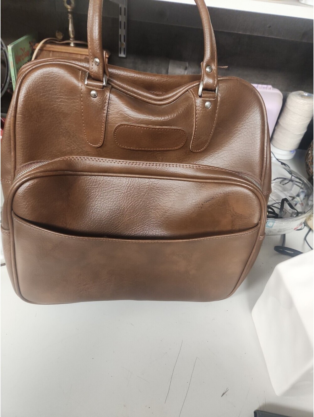 1970s vintage carry on luggage Cognac Leather bag multiple Pockets Weekender
